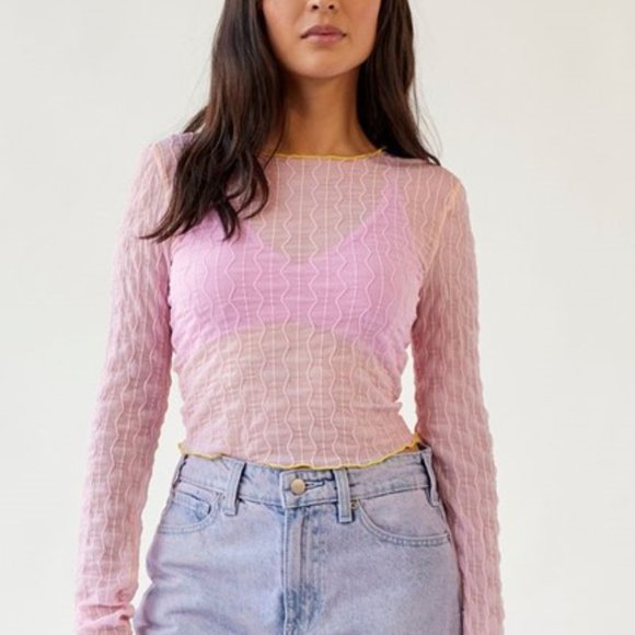 Urban Outfitters Mimi Semi-Sheer Textured Crew Neck Top - Picture 3 of 6